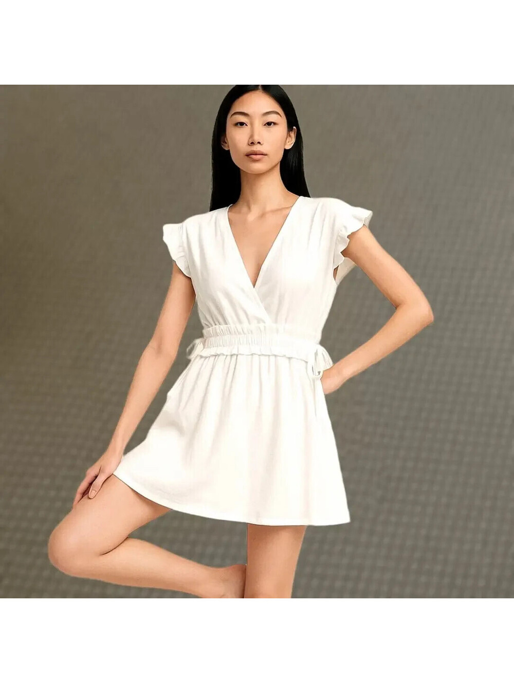 Zara V-Neck S Small White Side Tie Ruffle Mini Dress Elastic Waist Side Bow Ties